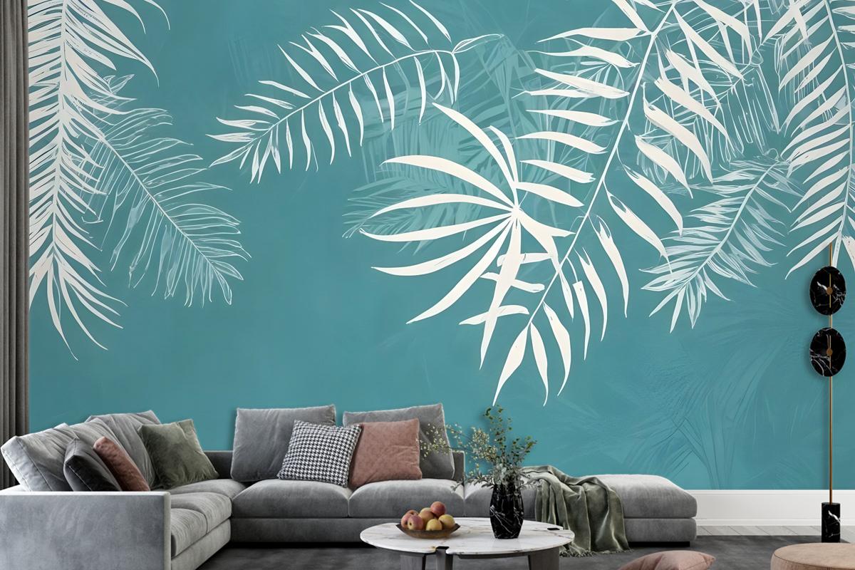 White Tropical Leaves Wallpaper Mural