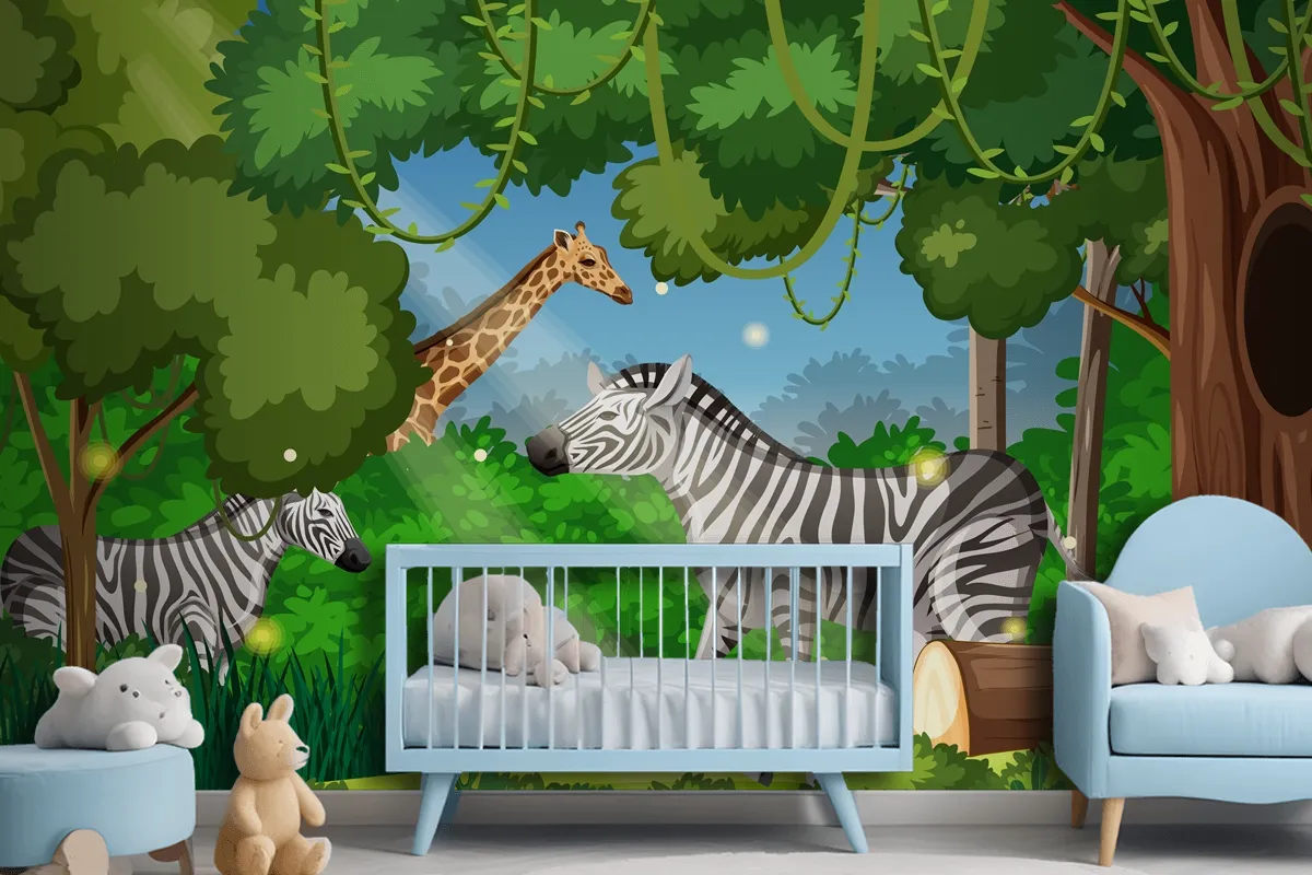 Wild Animals In Forest Landscape Wallpaper Mural