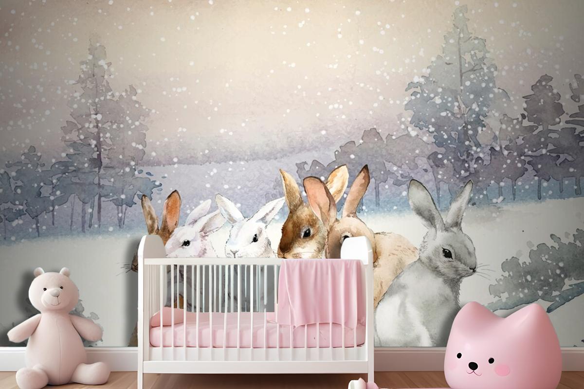 Wild Rabbits In The Winter Snow Painted By Watercolor Wallpaper Mural