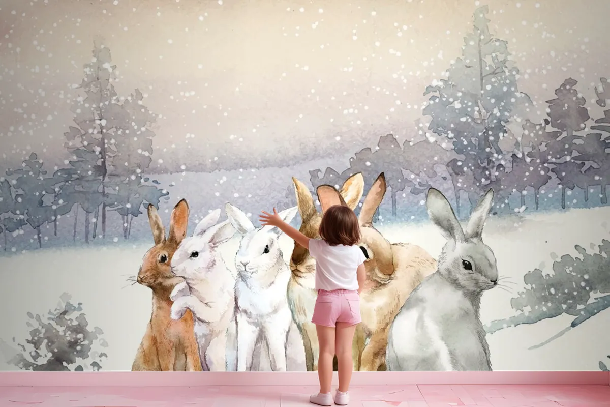 Wild Rabbits In The Winter Snow Painted By Watercolor Wallpaper Mural