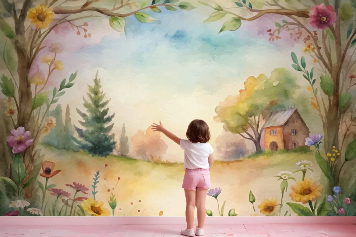 Wildflower Watercolor Background In The Countryside Wallpaper Mural