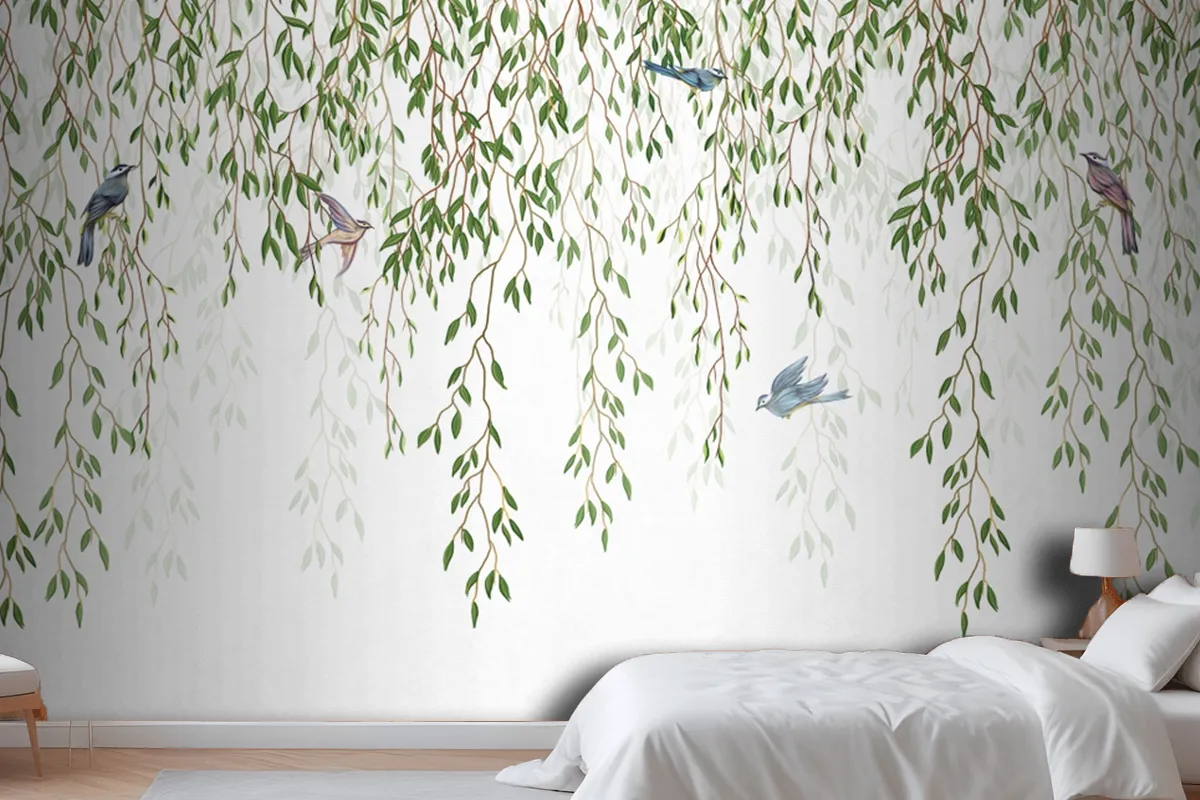 Willow Branches Hanging From Above With Birds On A White Background Wallpaper Mural