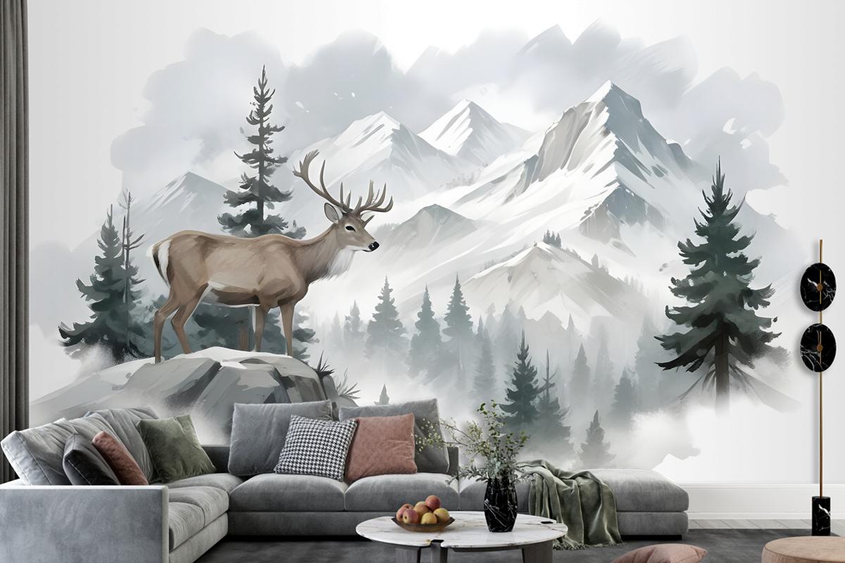 Winter Forest And Horned Deer Wallpaper Mural