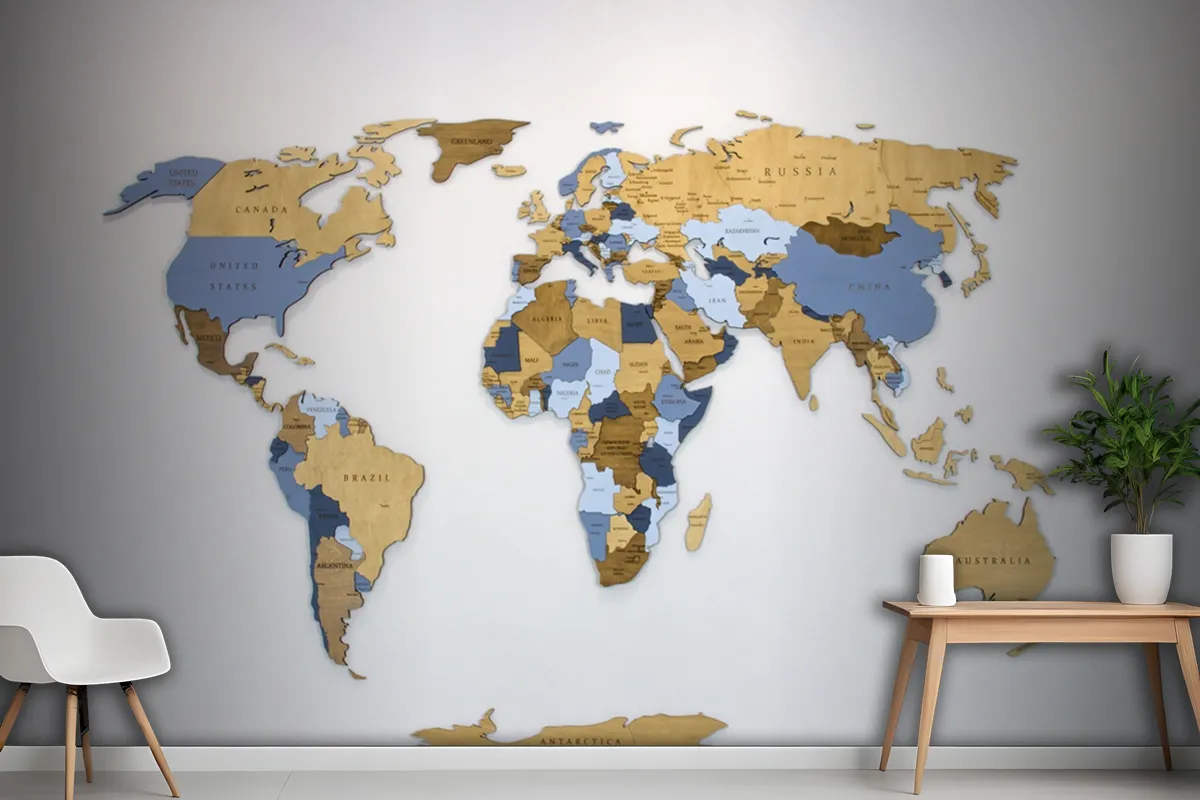 Wooden Color Multilayer World Map On A White Wallpaper Mural