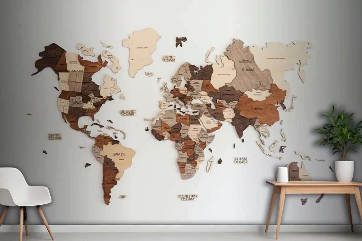 World Map Made Of Wood Crafts Wallpaper Mural