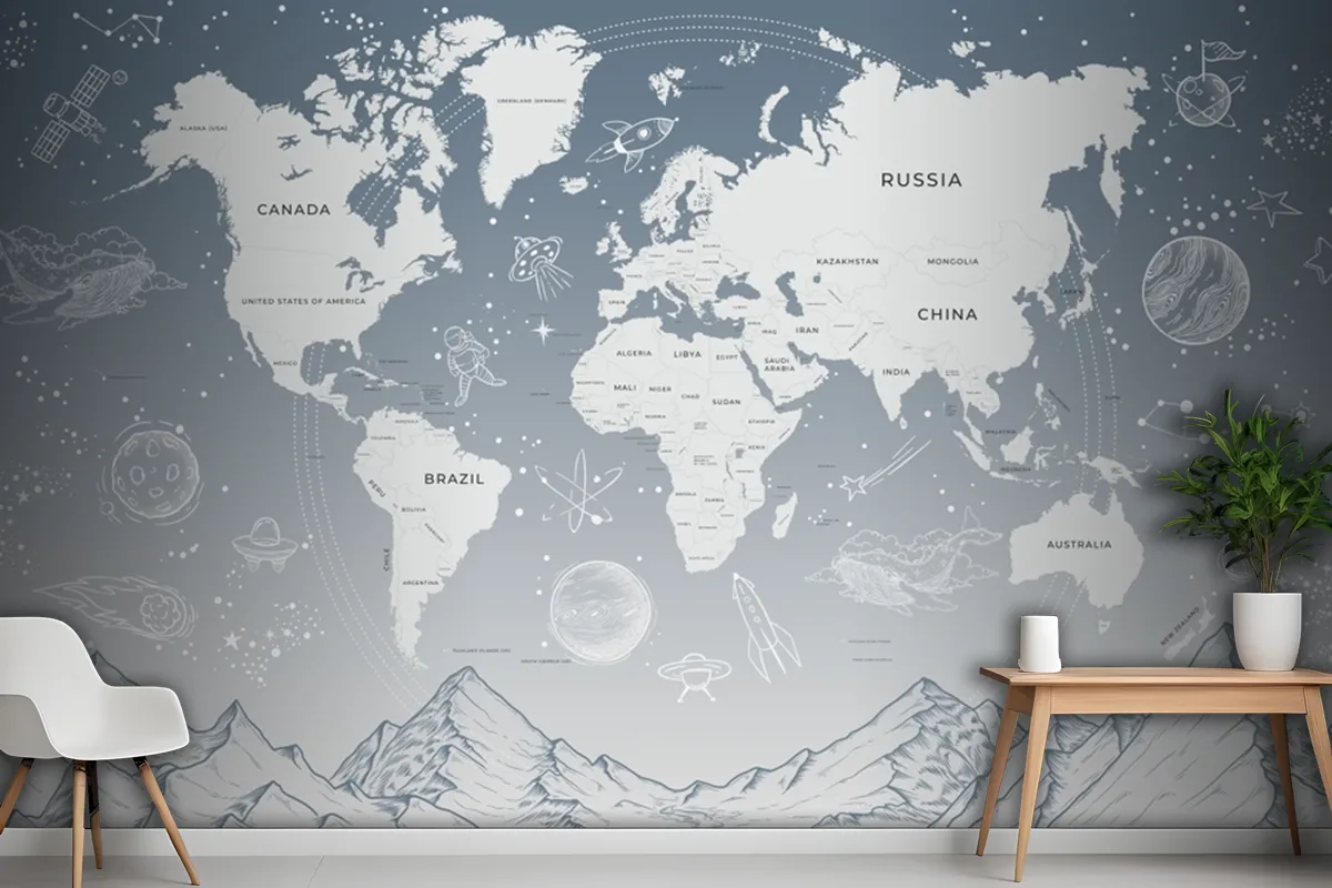 World Map Soft Blue Background Solar System Galaxy Space Wallpaper Mural