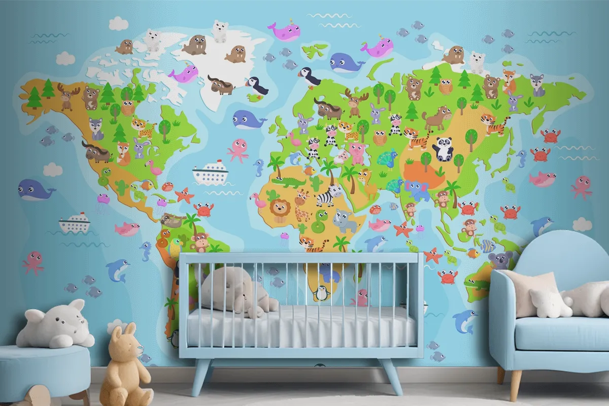 World Map With Animals For Kids Wallpaper Mural