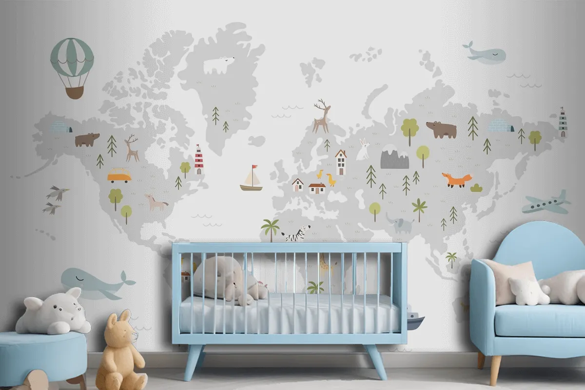 World Map With Animals Houses Nature Elements Wallpaper Mural