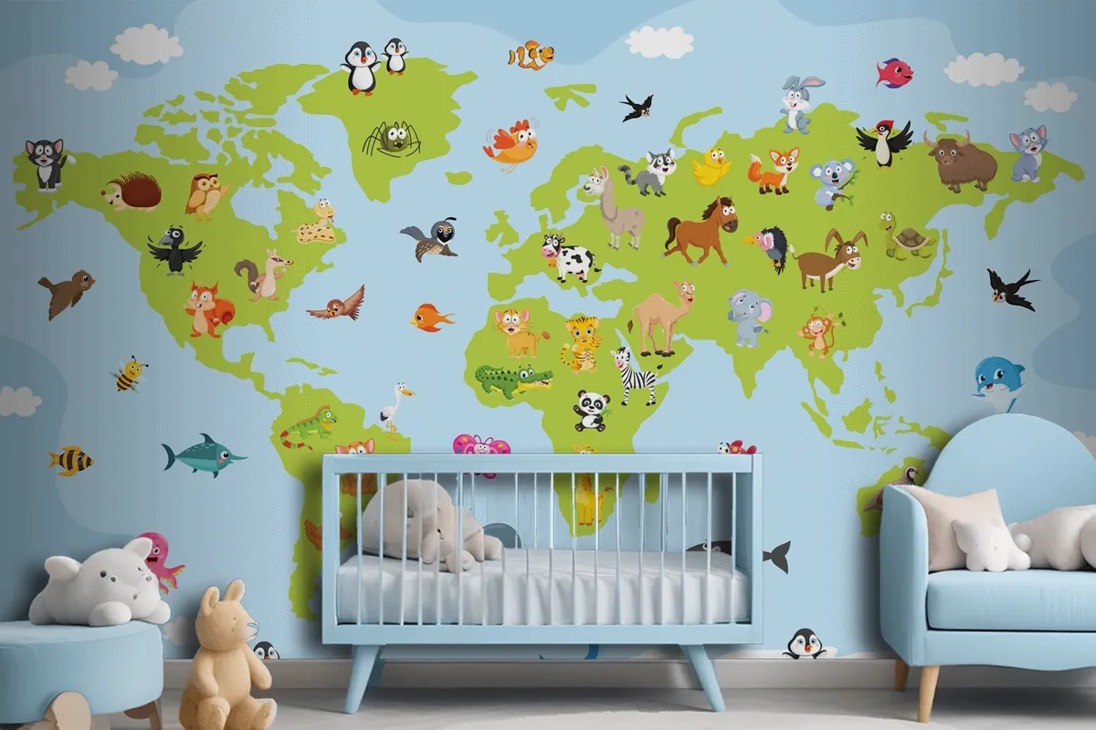 World Map With Cartoon Animals Wallpaper Mural