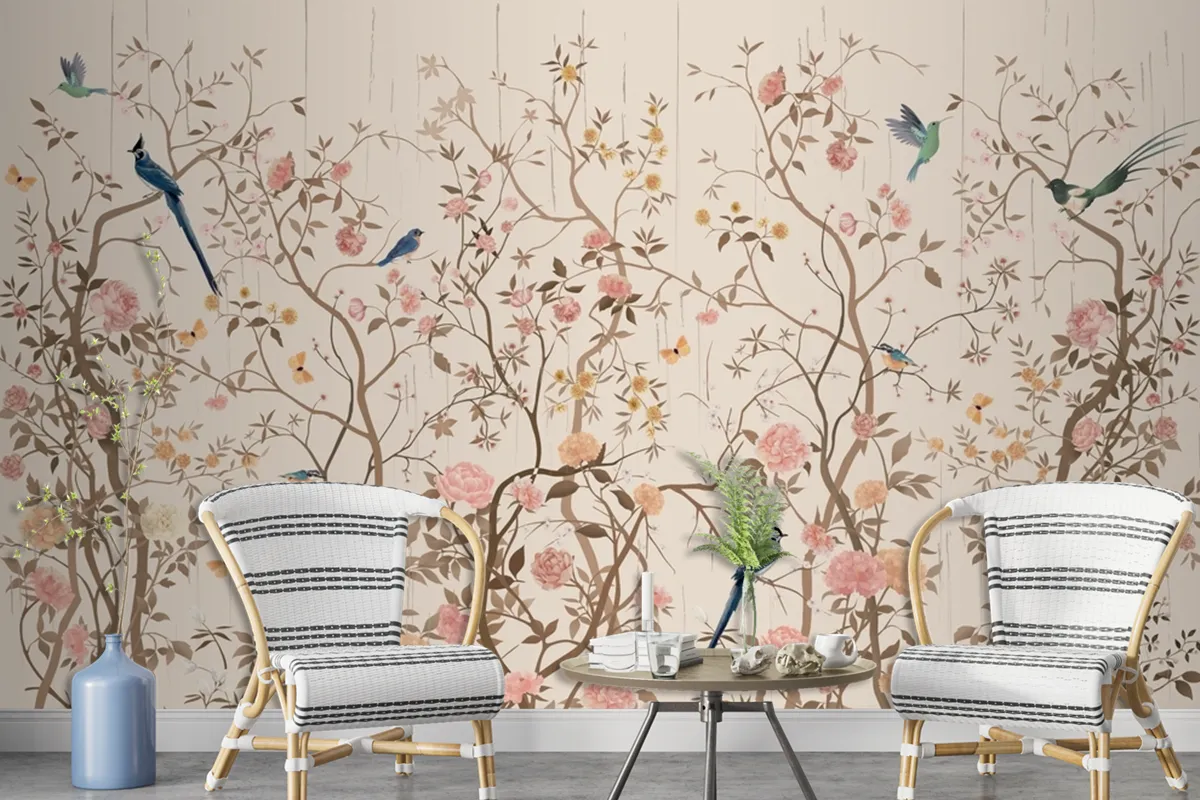 Chinoiserie Wallpaper With Birds And Flowers Wallpaper Mural