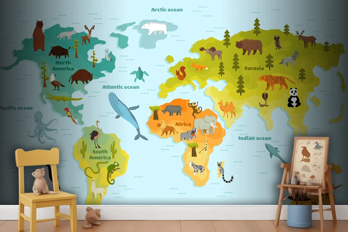 Funny Cartoon Animal World Map For Children With The Continents Wallpaper Mural