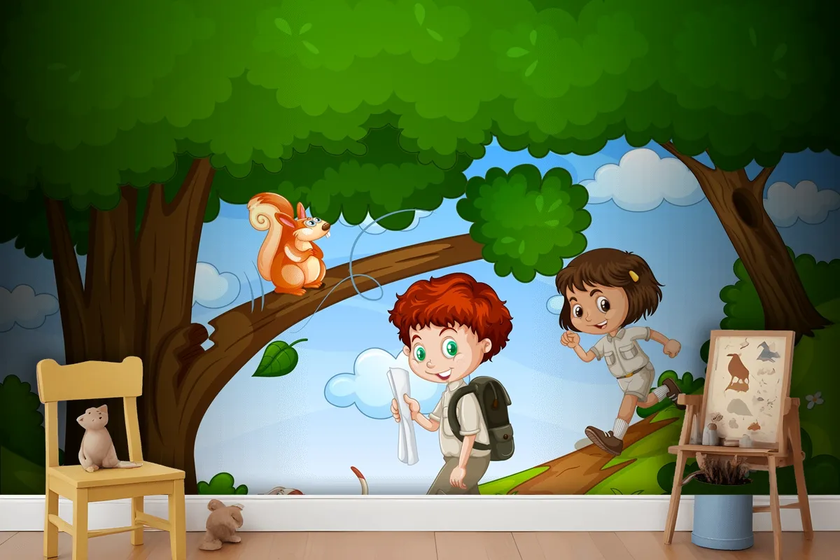 Boy And Girl Enjoy In The Park With Cute Animal Scene Wallpaper Mural