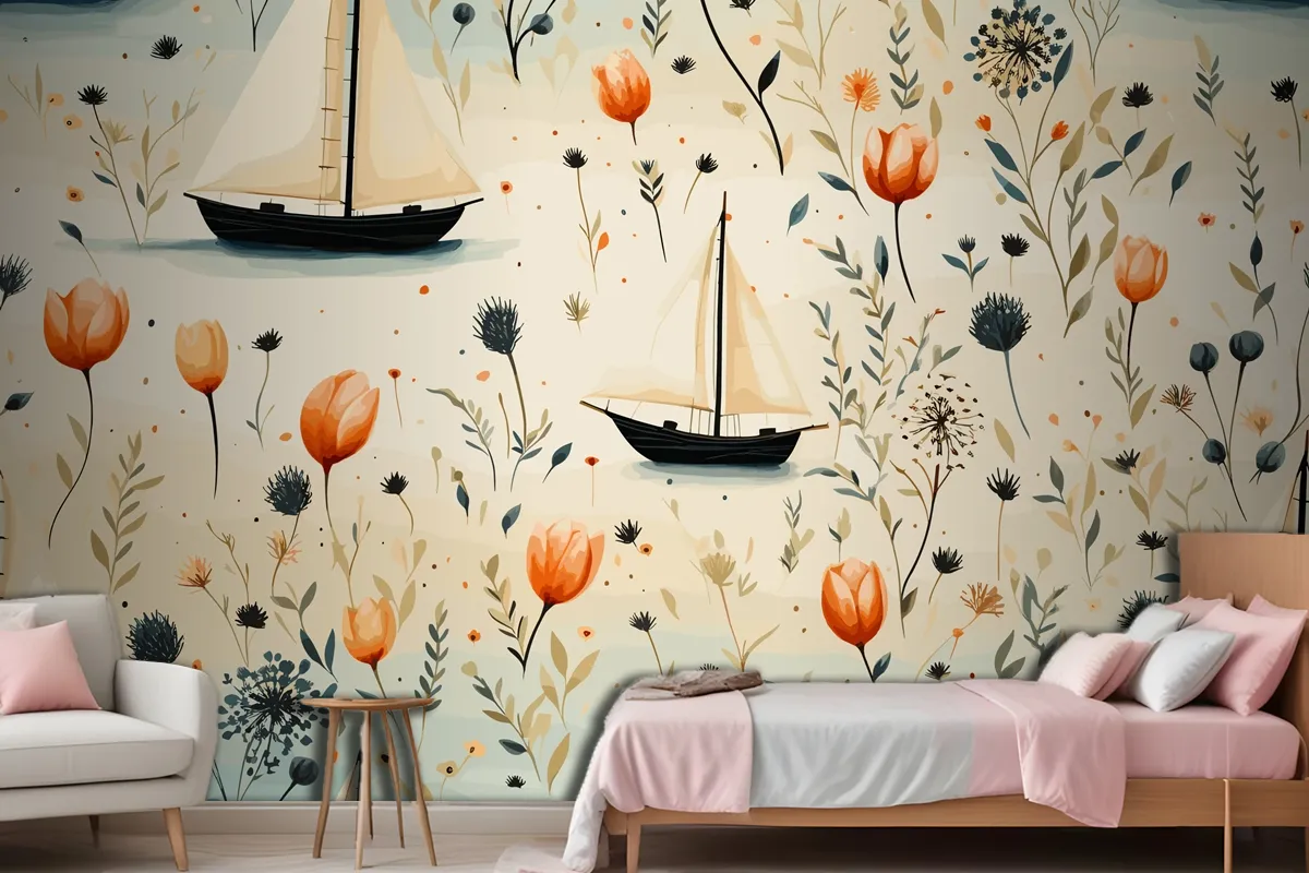 Sea Animals A Lighthouse And A Boat With Shells Starfish Wallpaper Mural