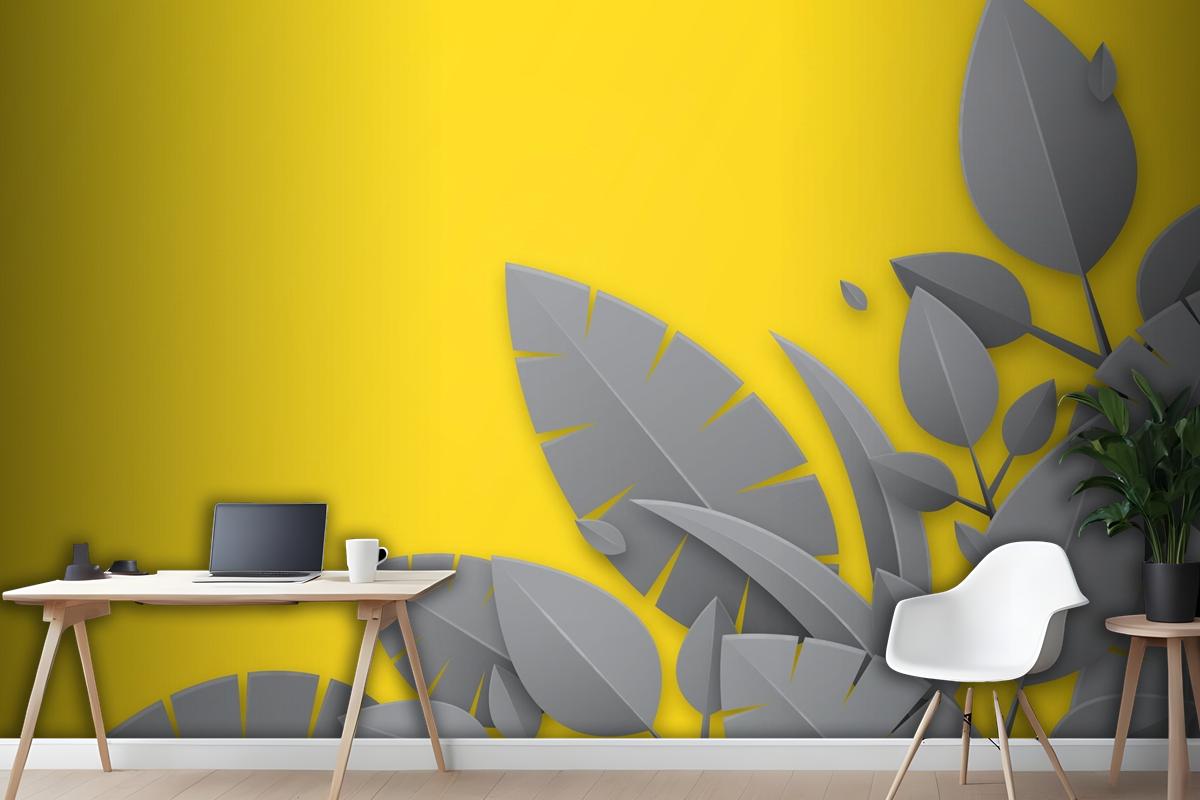 Yellow Background And Gray Leaves Office Wallpaper Mural