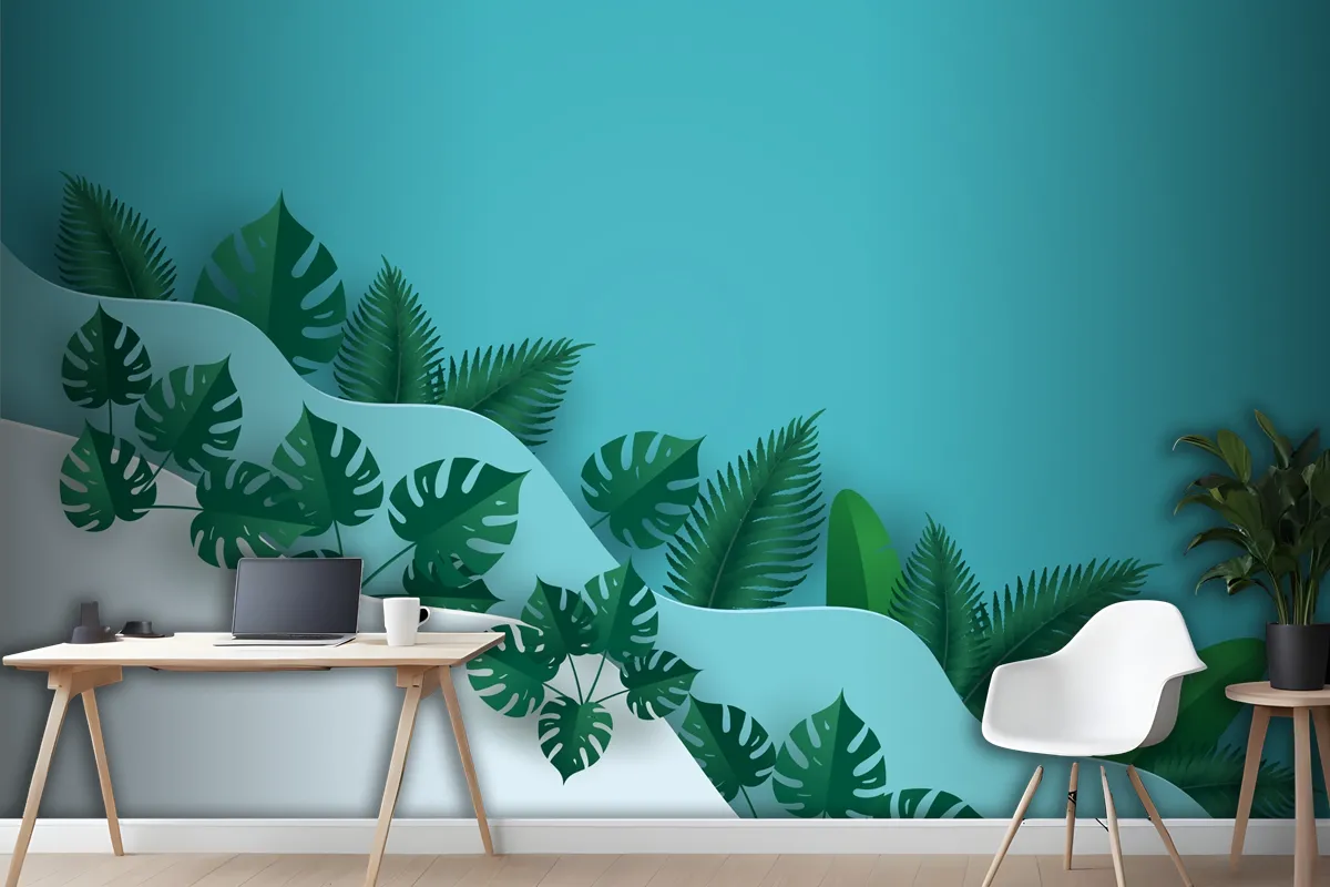 Green Leafs Or Foliage In Multi Wave Layer Wallpaper Mural