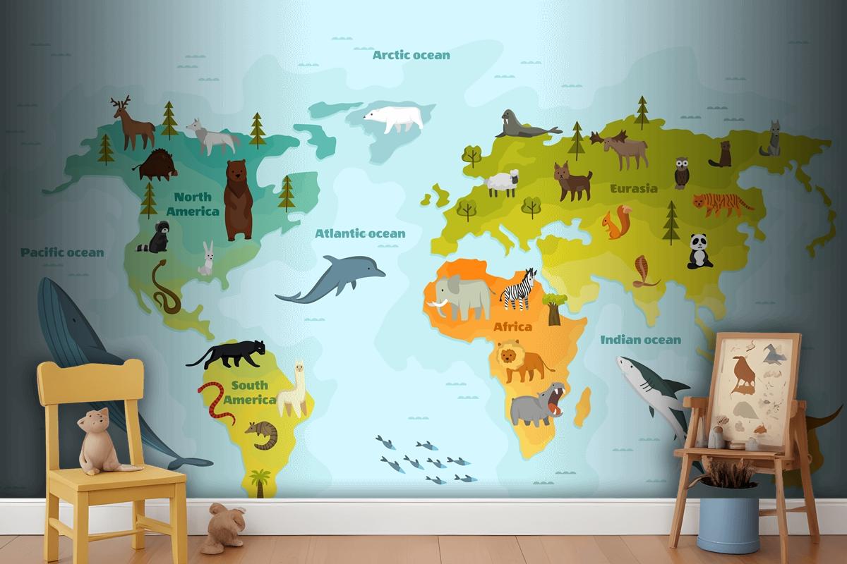 World Map With Different Animal Wallpaper Mural