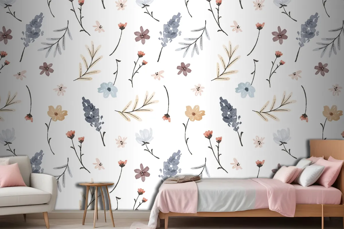 Hand Painted Watercolor Pressed Flowers Pattern Wallpaper Mural