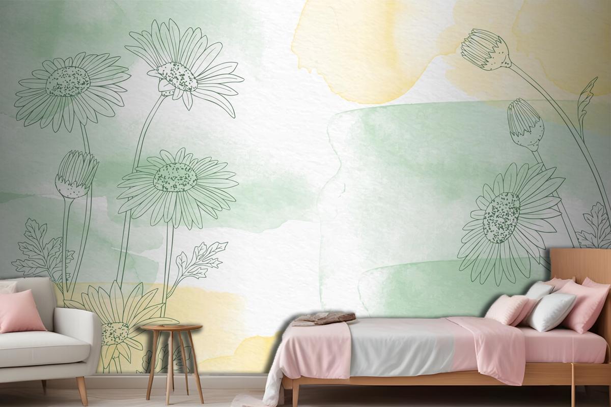 Hand Painted Background With Drawn Flowers Wallpaper Mural