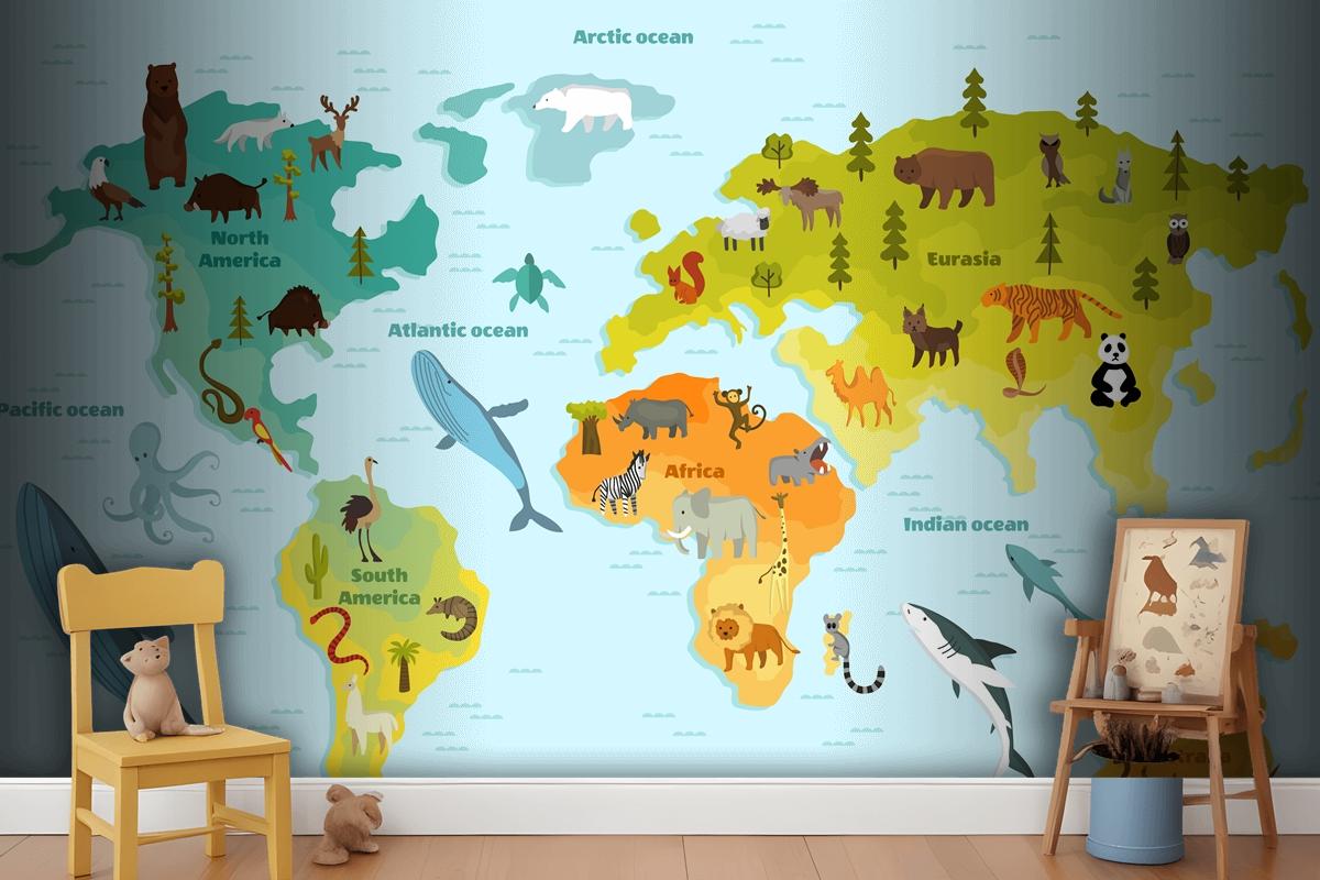 World Map With Different Animal Wallpaper Mural