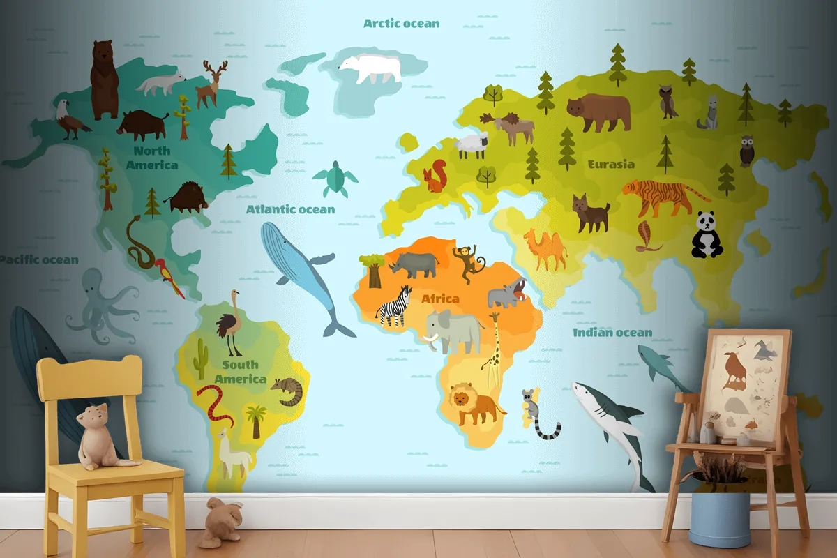 World Map With Different Animal Wallpaper Mural