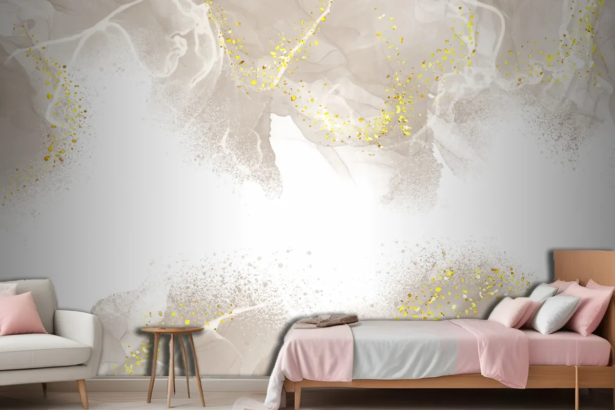 Elegant Hand Painted Neutral Alcohol Ink Background With Gold Glitter Wallpaper Mural