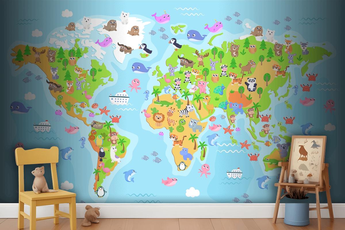  World Map With Animals For Kids Wallpaper Mural