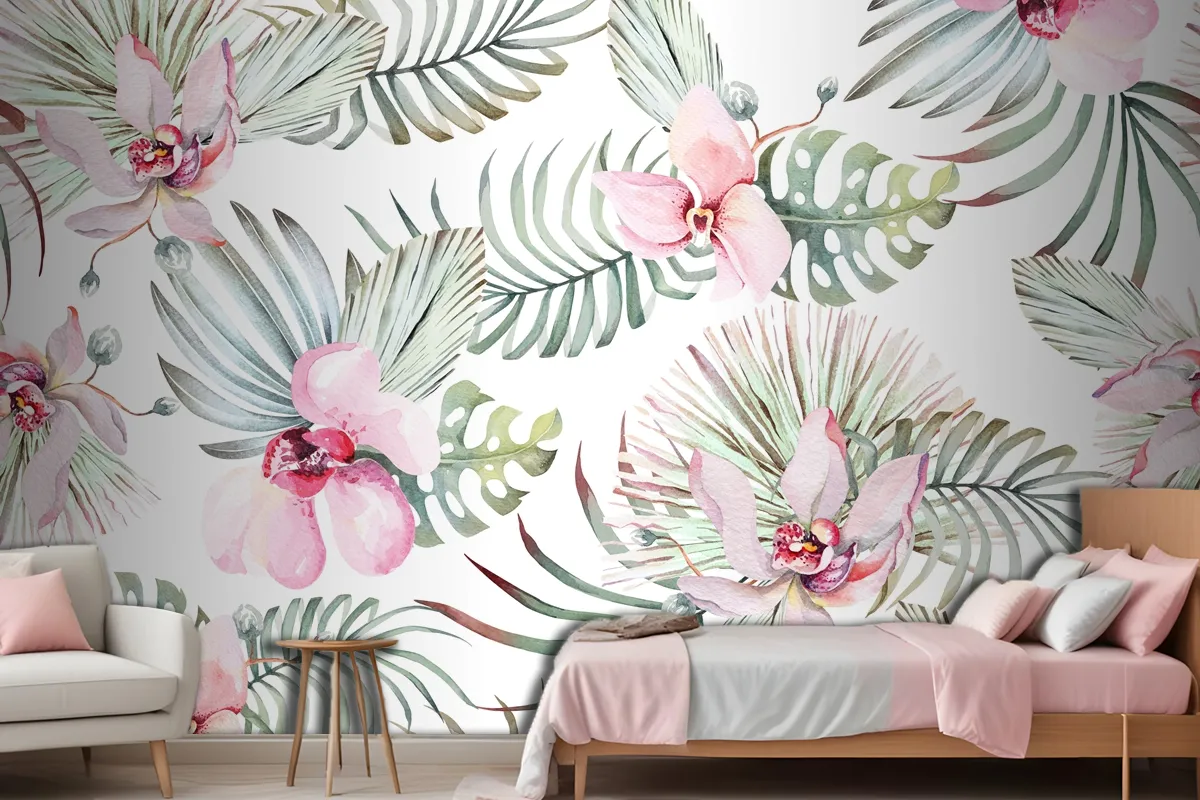 Seamless Pattern Of Tropical Plant Orchid And Flower For Fabric Wallpaper Mural