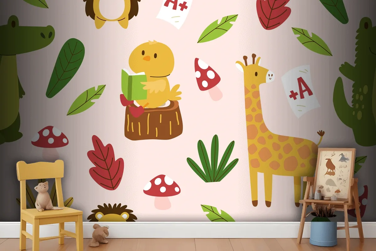 Hand Drawn Childlike Animals Pattern Wallpaper Mural