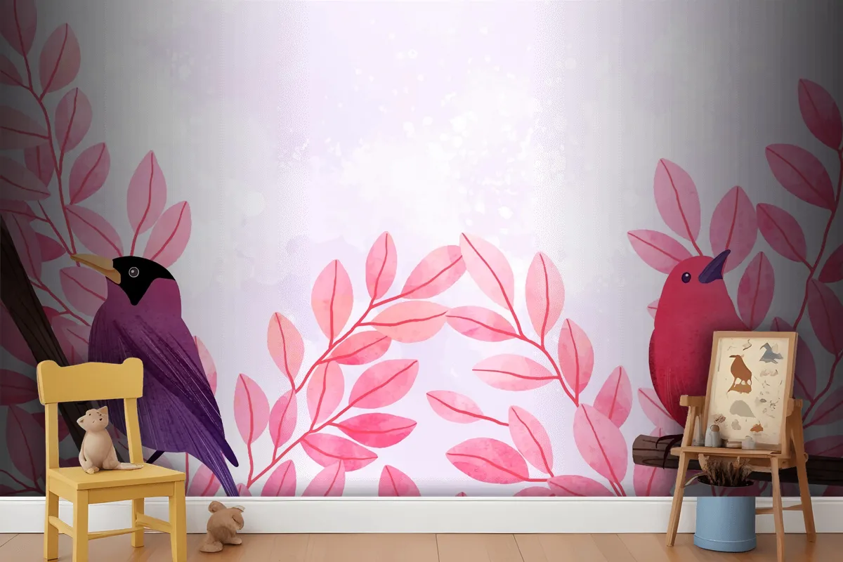 Beautiful Watercolor Of Birds Sitting On Branches Wallpaper Mural