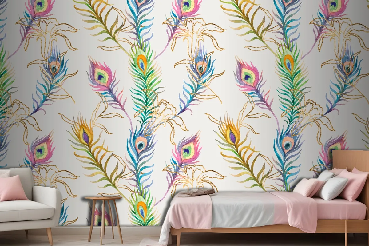 Background Of Peacock Feather Colorful Watercolor Pattern Wallpaper Mural