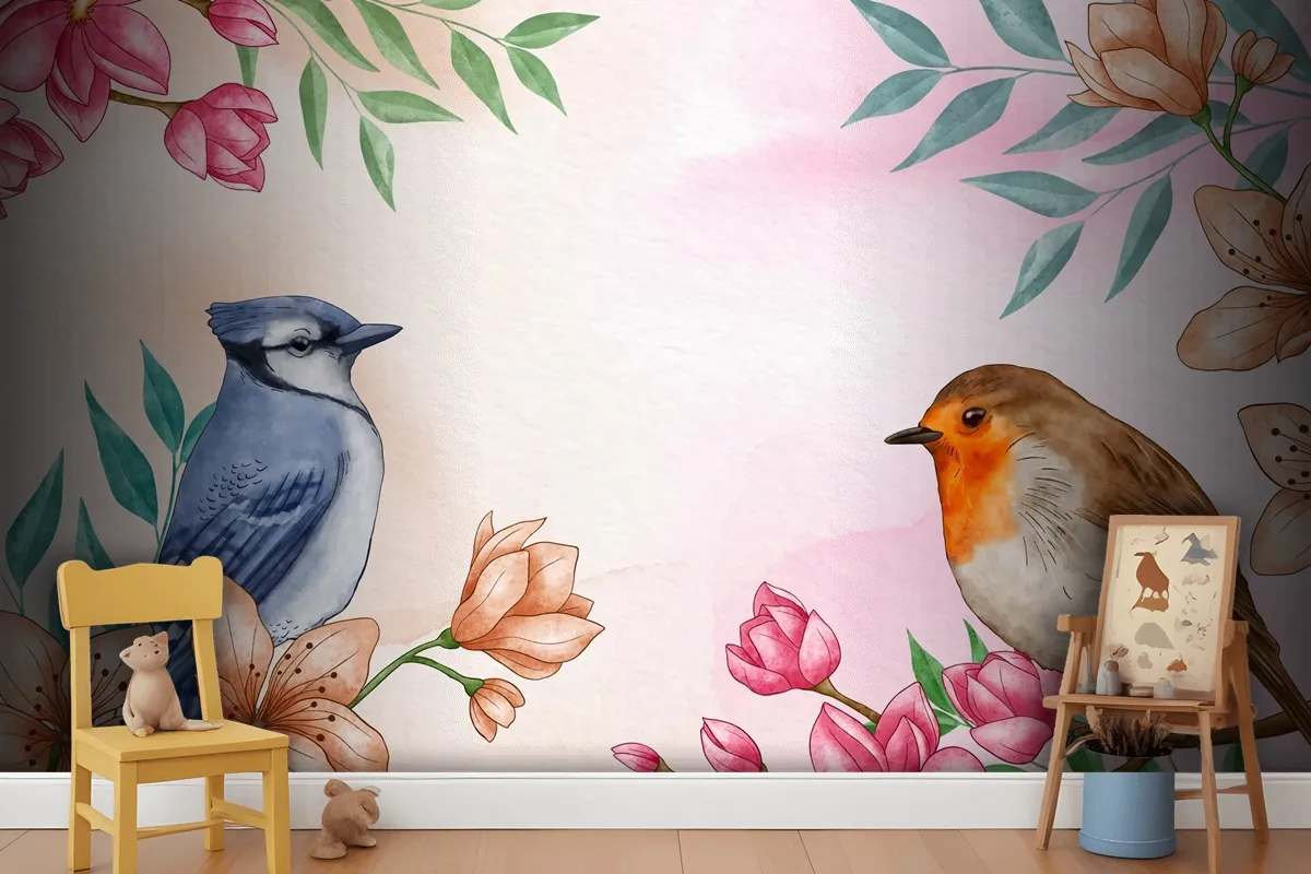 Hand Painted Watercolor Floral Birds Background Wallpaper Mural