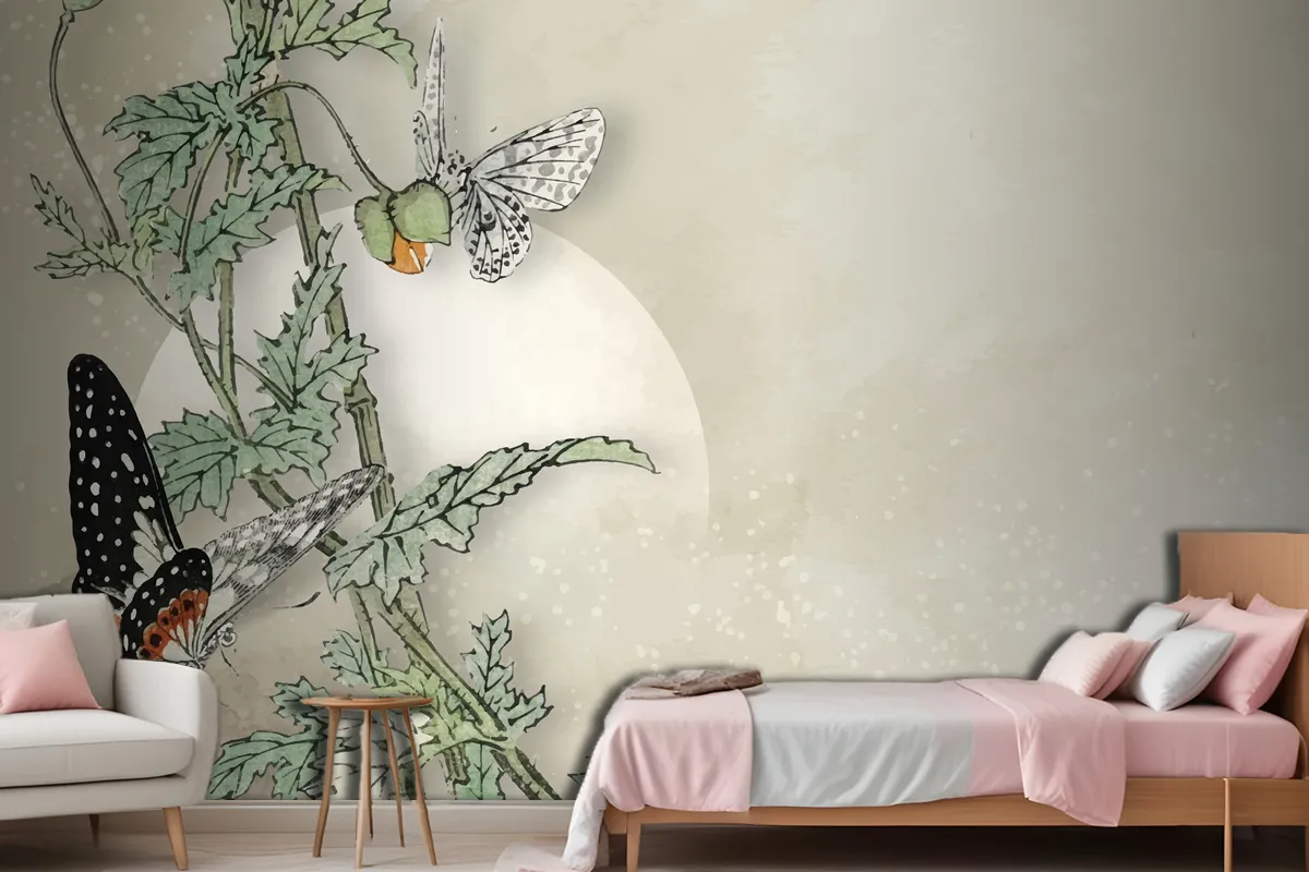 Leafy Butterfly Frame Design Wallpaper Mural