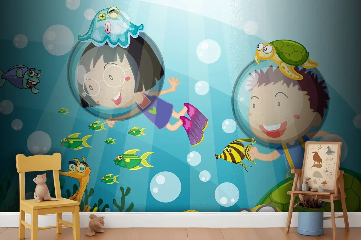 Underwater Scene With Happy Kids Scuba Diving Wallpaper Mural