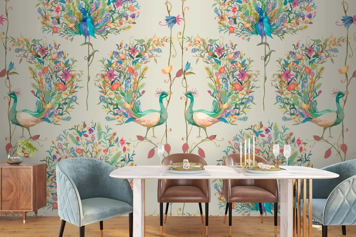 Pattern Background With Watercolor Peacock And Flower Wallpaper Mural