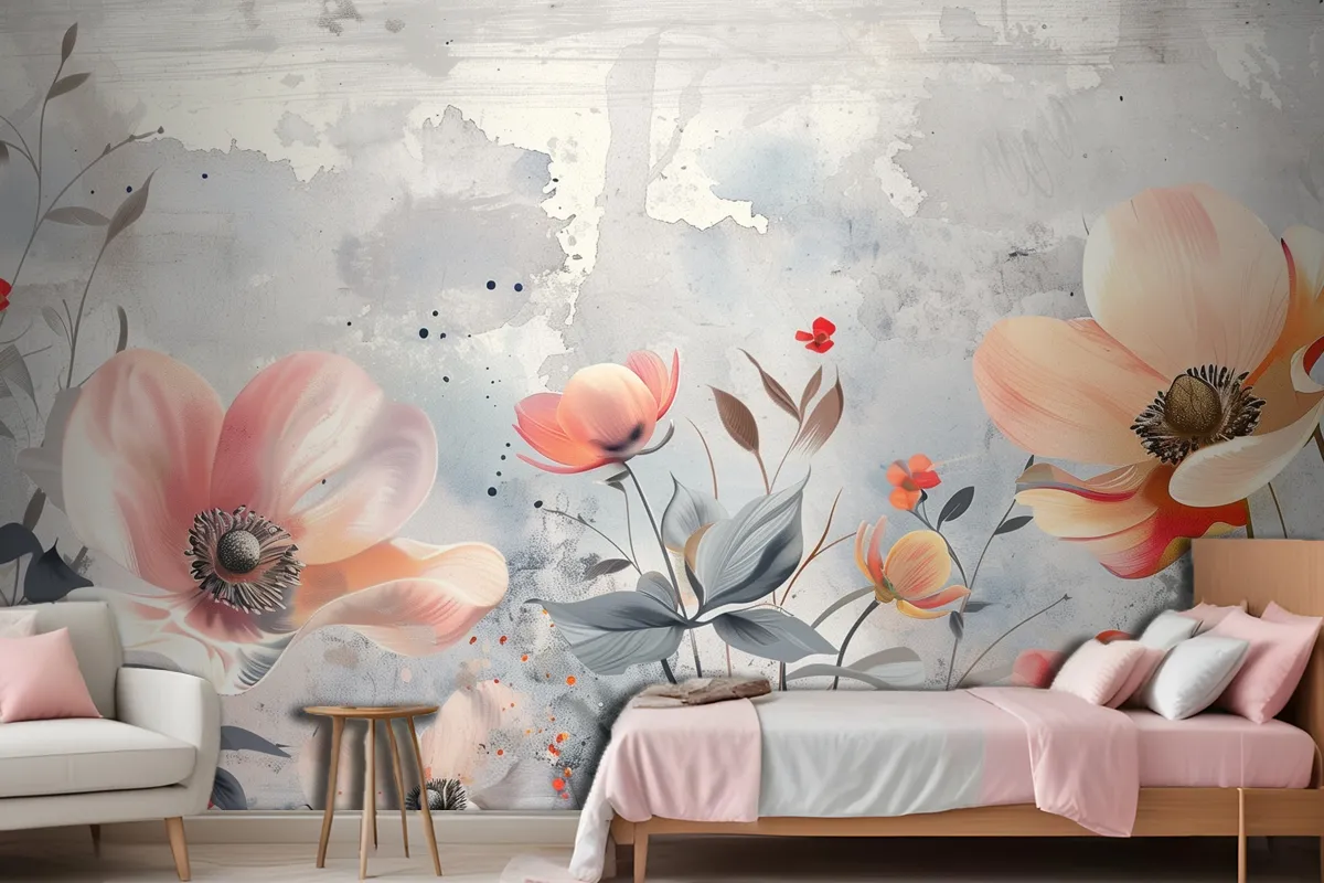 Watercolor Flowers Blue Wallpaper Mural