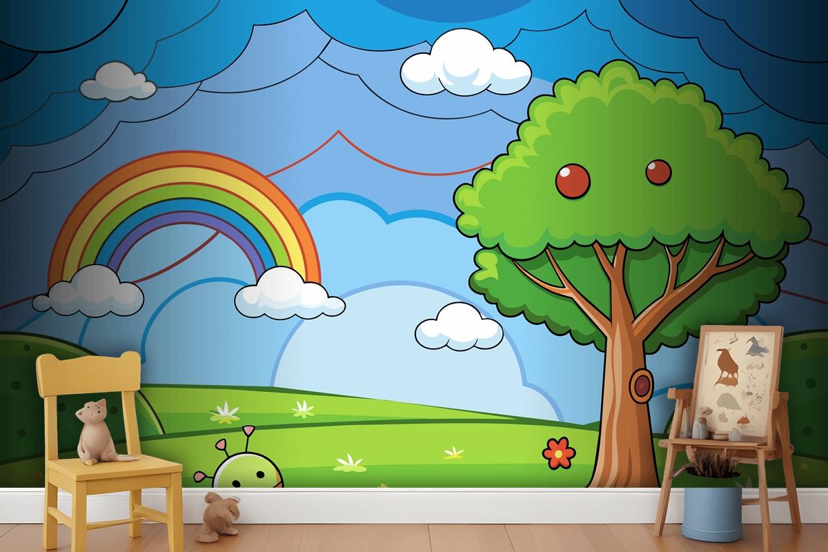 A Colorful Illustration Of A Rainbow With A Tree And A Rainbow In The Wallpaper Mural