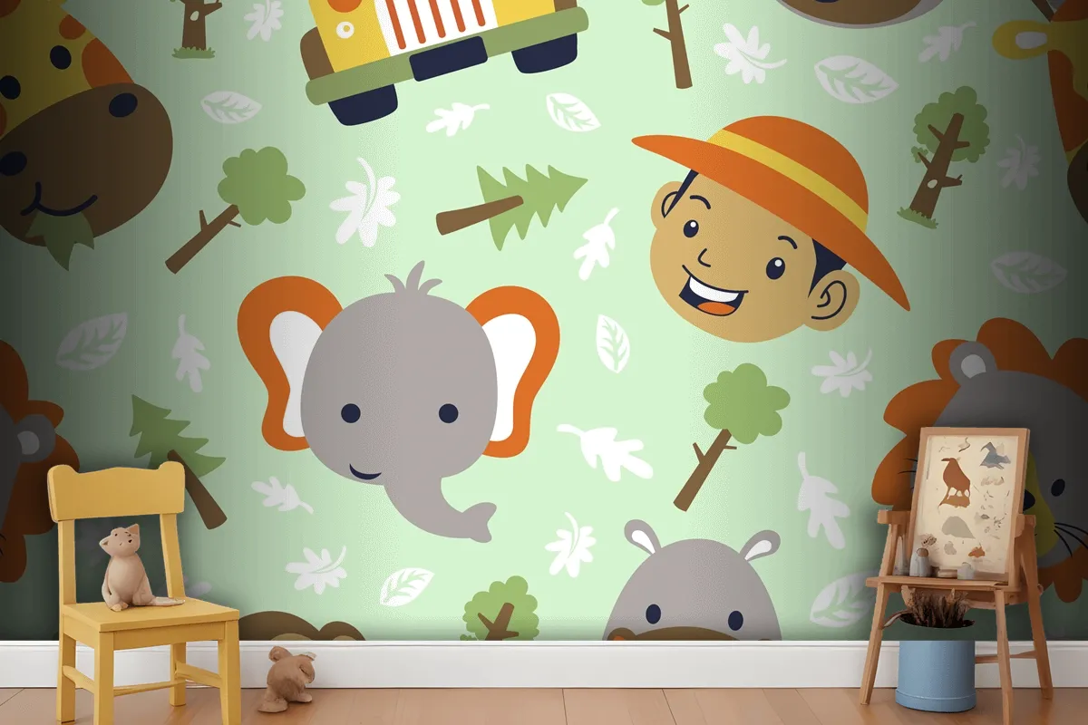 Funny Safari Animals Head Cartoon With Little Boy Head On Seamless Pattern Wallpaper Mural