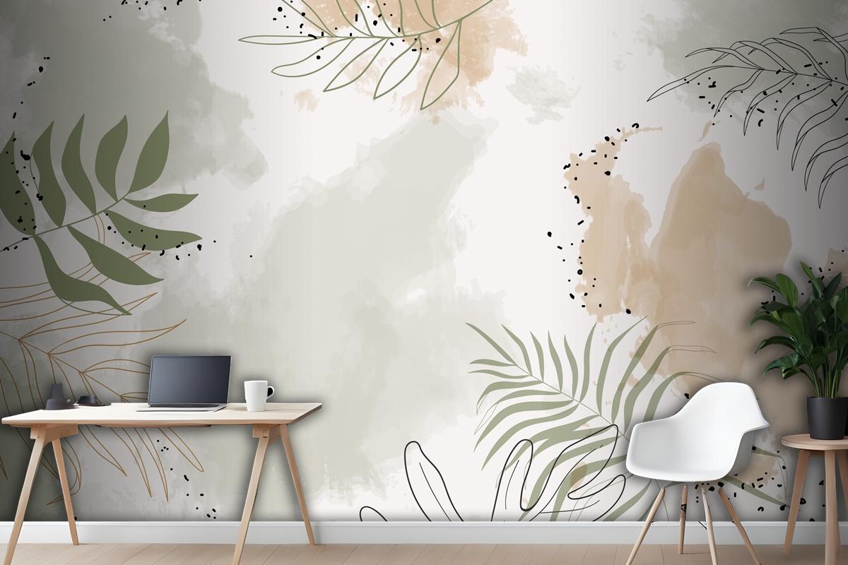 Beige Leafy Watercolor Background Wallpaper Mural