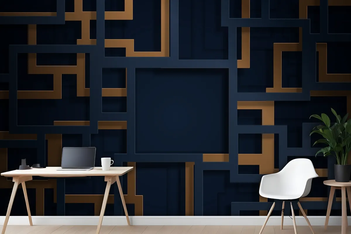 3D Blue And Gold Lines In Paper Cut Style Wallpaper Mural