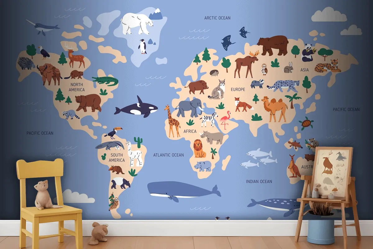 World Map With Animals In Water And On Earth Geography Wallpaper Mural