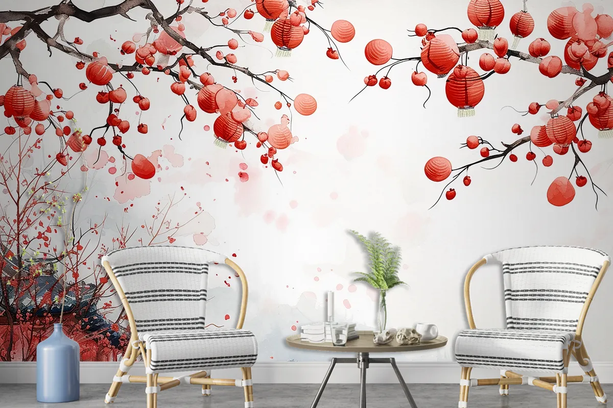 Abstract Watercolor Of Chinese New Year Element Decorative Wallpaper Mural