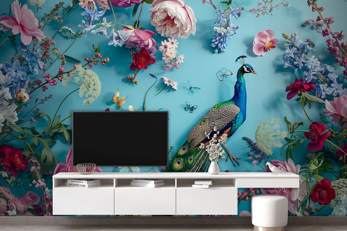 A Peacock Surrounded By Flowers And Butterflies Wallpaper Mural