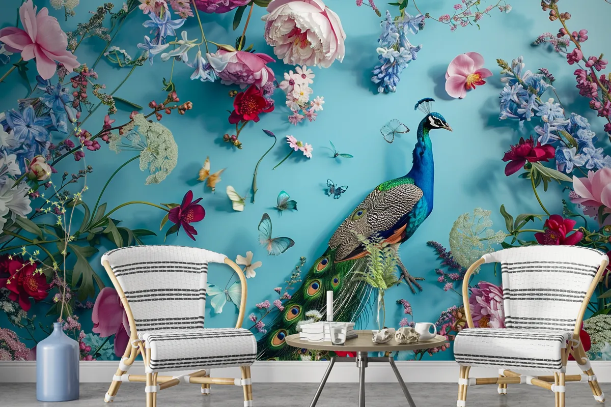 A Peacock Surrounded By Flowers And Butterflies Wallpaper Mural