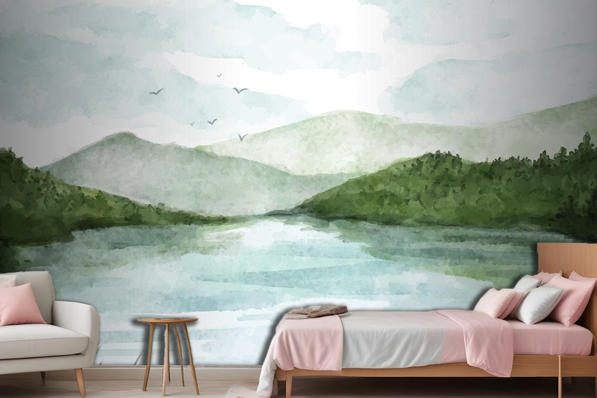 Watercolor Lake Scenery Wallpaper Mural