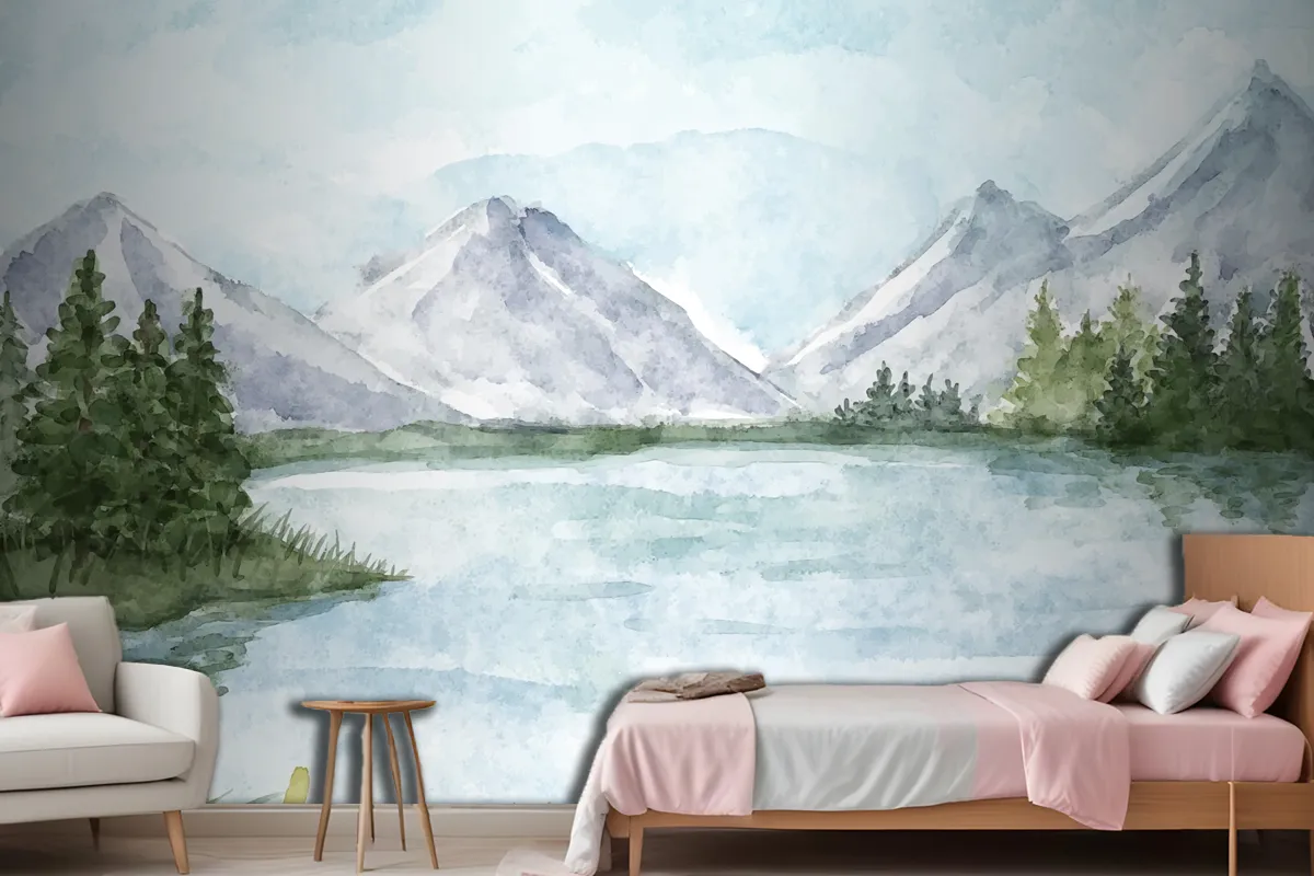 Watercolor Lake Scenery Wallpaper Mural