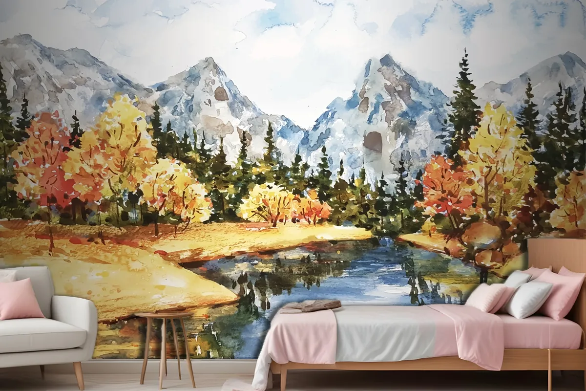 Watercolor Autumn Landscape Wallpaper Mural