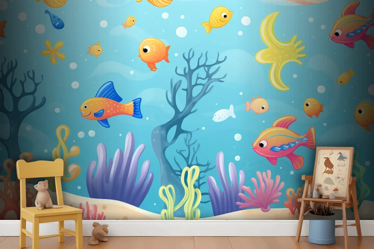 A Painting Of A Coral Reef With A Clown Fish And Coral Wallpaper Mural