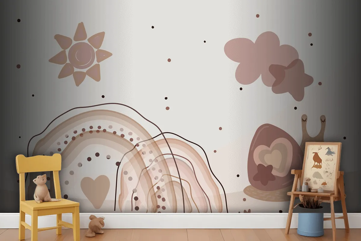 Watercolor Rainbow And Snails Beige Wallpaper Mural