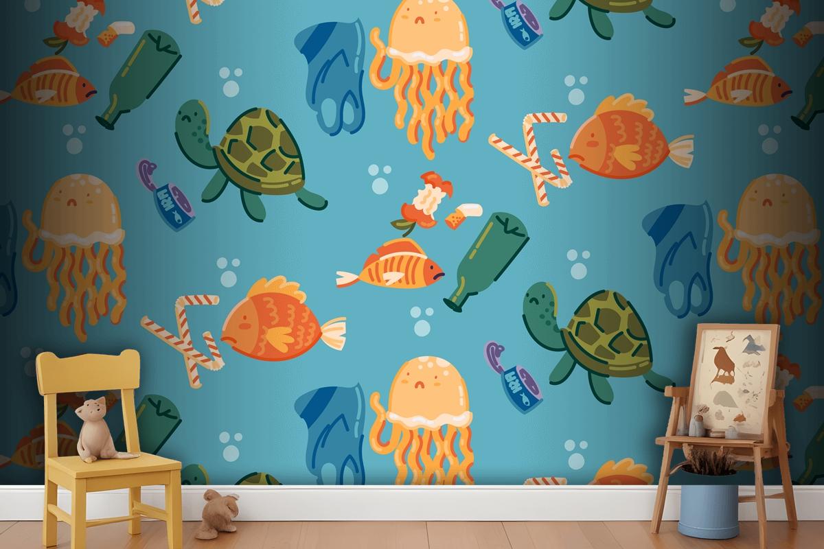 Hand Drawn Save The Oceans Pattern Wallpaper Mural