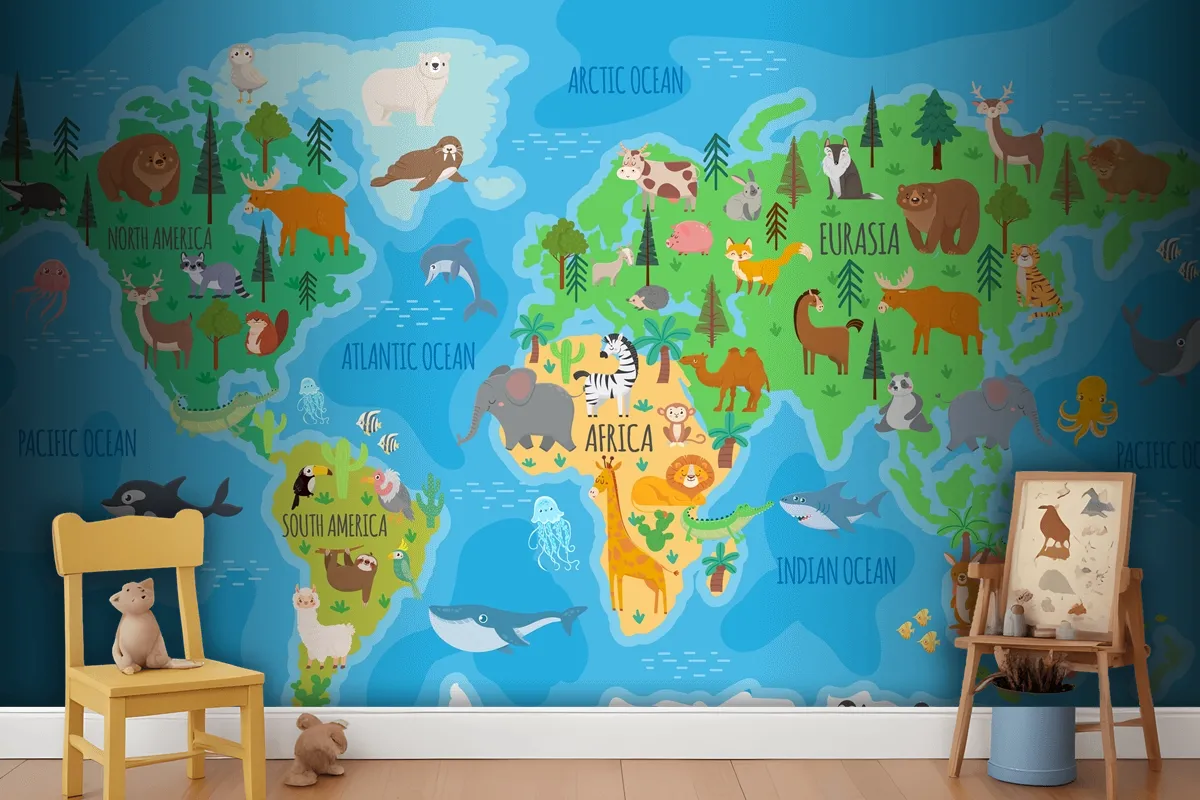 Cartoon World Map For Kids Nursery With Forest Animals Wallpaper Mural